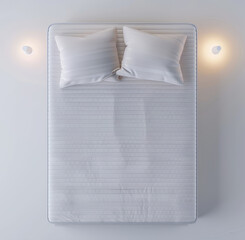 top down view of minimalistic bedroom setup featuring white mattress with striped texture, two white pillows, and two soft wall mounted lights on either side, creating serene ambiance