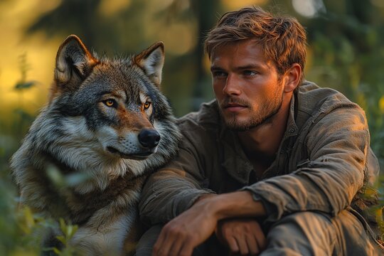 Two friends man and a wolf sitting together in the forest