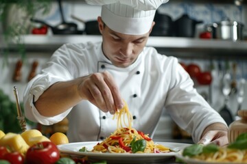 Handsome male chef dressed in white uniform decorating pasta salad.