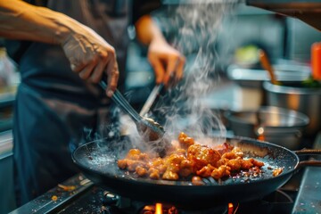 Man chef cooking asian chicken at a cafe kitchen