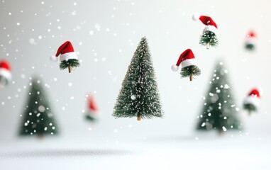 Floating miniature Christmas trees with sparkling tinsel and tiny red Santa hats, scattered mid-air against a clean white background