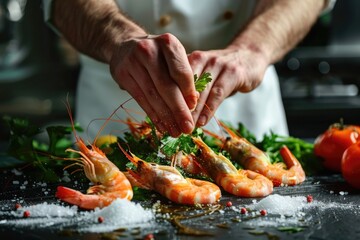 Professional chef cooks shrimp with greens on dark background.