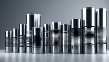 Obraz premium Futuristic Cylinder Stack: Metallic cylinders stacked on grey background.