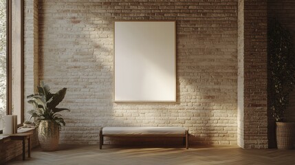Blank poster on brick wall, bench, plant.