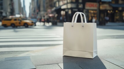 Blank shopping bag on city street. (1)
