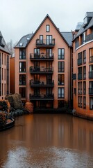 Naklejka premium Spiegelkanal Mirror Canal in Hamburg features calm brown waters with buildings lining both sides under a cloudy sky