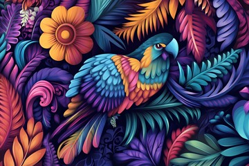 Obraz premium A vibrant illustration of a colorful parrot surrounded by tropical foliage and flowers.