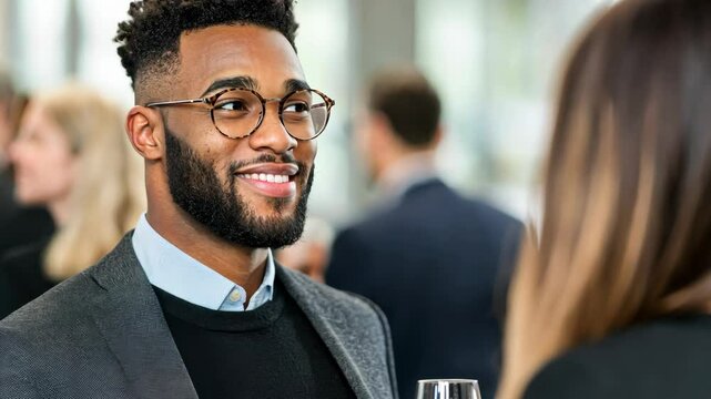 Businessman smiling during networking event
