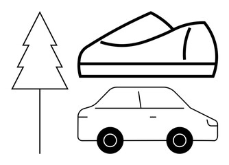 Outlined drawings of a shoe, car, and pine tree in black on a white background. Ideal for minimalist design, graphic design, education, childrens books, coloring pages, logo creation, and pattern