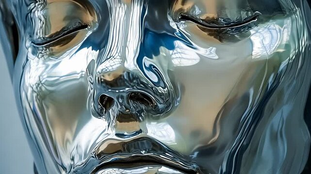 This detailed view captures a reflective metallic sculpture depicting a human face, emphasizing abstract beauty and evoking contemplation. The artwork's glossy surface mirrors its surroundings subtly.