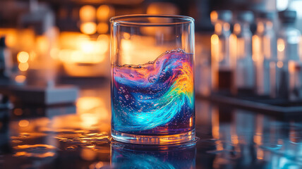 Colorful liquid swirls in a glass in a lab setting.