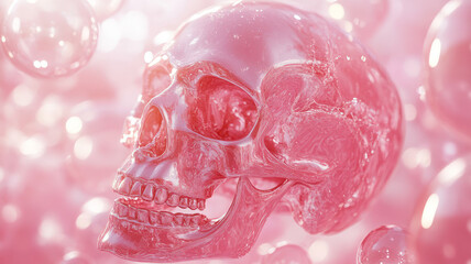 Surreal pink skull amidst floating bubbles