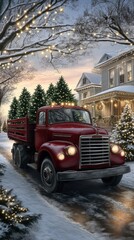 Obraz premium A vintage red truck is parked in a snowy town square, illuminated by festive lights from a large Christmas tree