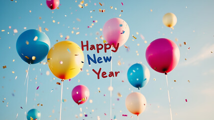 Happy New Year Written Among Colorful Balloons and Festive Confetti