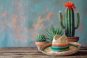 Cinco de Mayo celebration with cactus and sombrero.