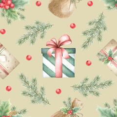 Christmas seamless pattern with gift boxes and sack, bows, spruce branches, holly berries and leaves. Watercolor illustration on beige for New Year festive packaging paper, textile and fabric.
