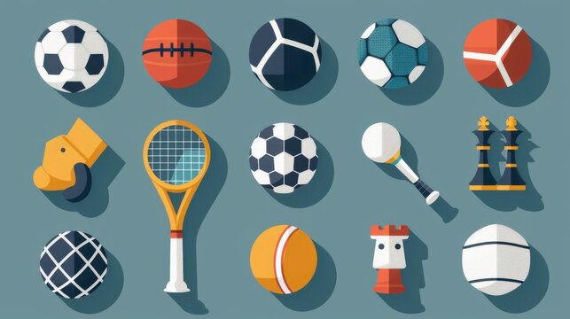 Set of editable vector sports icons, including football, cricket, golf, tennis, swimming, and chess, with simple and modern line designs
