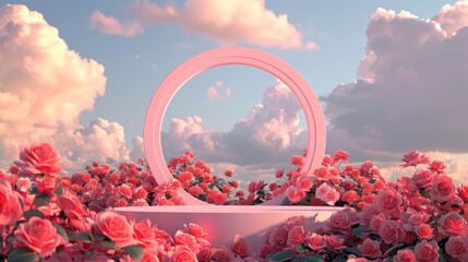 product podium with flowers and white clouds