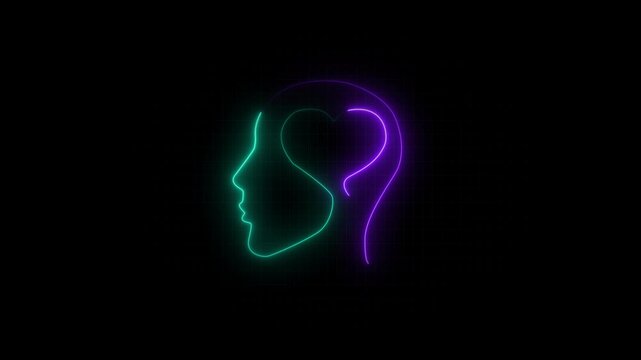 Heart in a human head. The psychology of the way of thinking. glowing neon heart in a human head  icon isolated on black background.