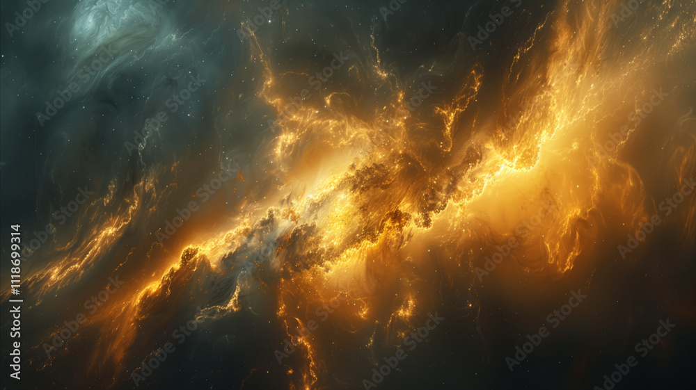 Wall mural luminous cosmic nebula with vibrant gold and orange clouds in outer space