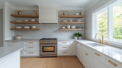 Fototapeta premium This kitchen showcases white cabinets, light wood floors, and a grey marble backsplash, filled with natural daylight from large windows