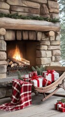 A beautifully decorated living room features a glowing fireplace with lit candles, a Christmas tree adorned with lights, and carefully wrapped gifts in a wooden sled.