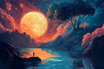 Obraz premium A vibrant landscape featuring a large moon, serene water, and dramatic clouds at sunset.