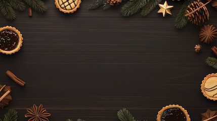 Christmas-themed flat lay showcasing jam tarts and evergreen branches on a wooden table, creating a warm holiday atmosphere