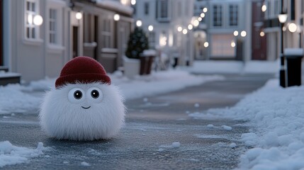A fluffy monster with big eyes and a red hat walks along a snowy street in an old town as evening descends, illuminating the festive atmosphere