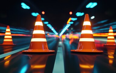 Flying traffic cones with glowing reflective strips, vibrant and bold, set against a nighttime highway background