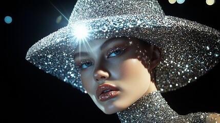 A model wearing a hat made from diamonds, posing on stage