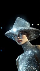 A model wearing an outfit made from diamonds, posing on stage, 9:16