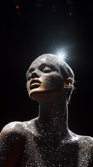 Portrait of woman face with crystals makeup, model, black background