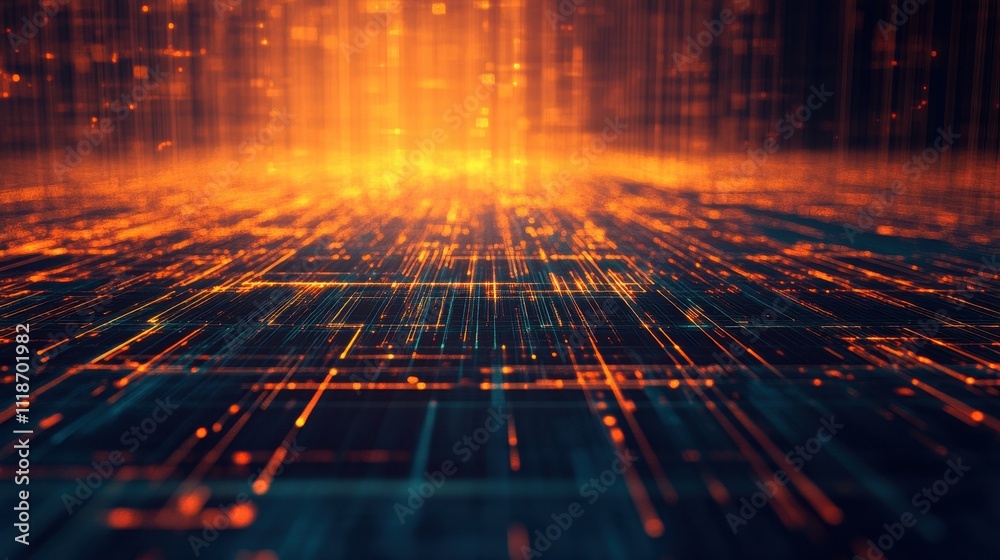Poster abstract digital landscape with glowing lines and particles, representing data flow and technology.