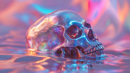 Colorful iridescent skull in a surreal setting.