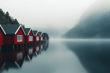 Fototapeta premium Beautiful red cabins reflected on calm water surrounded by fog in a tranquil setting
