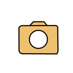 A yellow camera icon with a white circular lens, drawn in a minimal and playful cartoon style, symbolizing photography or capturing memories.