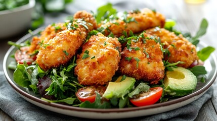 A plate of crispy chicken tenders served on a bed of fresh greens and vegetables.