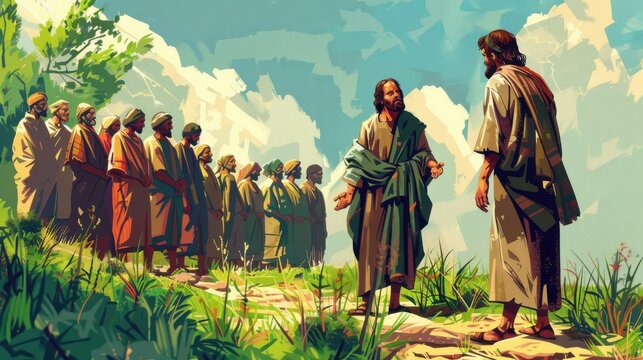 Vector art of Jesus healing the ten lepers, with one returning to give thanks