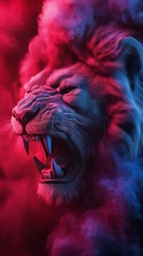 Majestic Lion Roaring Amidst Vibrant Red and Blue Smoke Effects at a Dramatic Angle