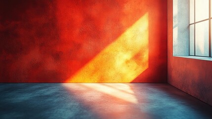 Grey stone floor with red wall in room with sun rays through the window