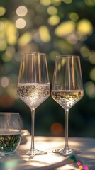 Sparkling glasses on a table reflecting sunlight during a warm afternoon