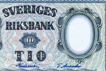Vintage elements of old paper banknotes.Bonistics.10 Swedish Kroner (SEK)1955,from Sveriges Riksbank.Fragment banknote for design purpose.