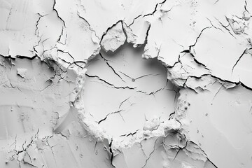 White powder surface with cracks and a round crater. Crater in black and white.