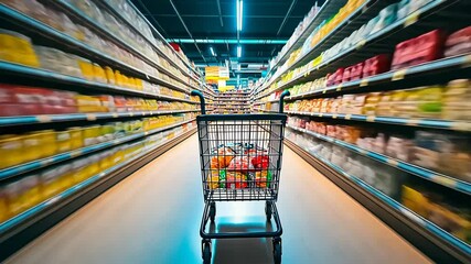 A shopping cart blurs down an aisle stocked with vibrant goods. Captured in a supermarket, highlighting daily shopping in a dynamic style. Emphasizes urban consumer culture.