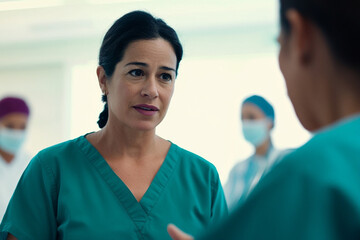 Fototapeta premium Authentic portrait of a healthcare professional wearing scrubs and communicating with a patient in a modern hospital setting. The doctor shows a serious yet caring expression, with a medical team work