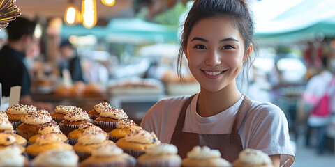 A young entrepreneur selling freshly baked muffins at a traditional market, proudly showcasing her baking skills and entrepreneurial spirit, while engaging with the community.