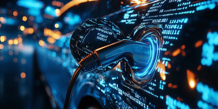 A detailed close-up of an EV charging port illuminated by neon blue lights, set against a background of digital codes, highlighting innovative and sustainable energy solutions.