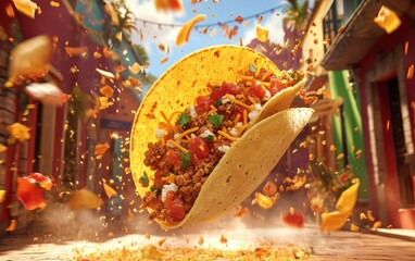 Taco Fiesta Explosion A crunchy taco flying mid-air with spicy meat, cheese, and fresh salsa scattered, set against a vibrant Mexican cantina backdrop