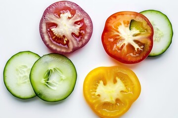 Backlit vegetable slices isolated on white background. Transparent food composition